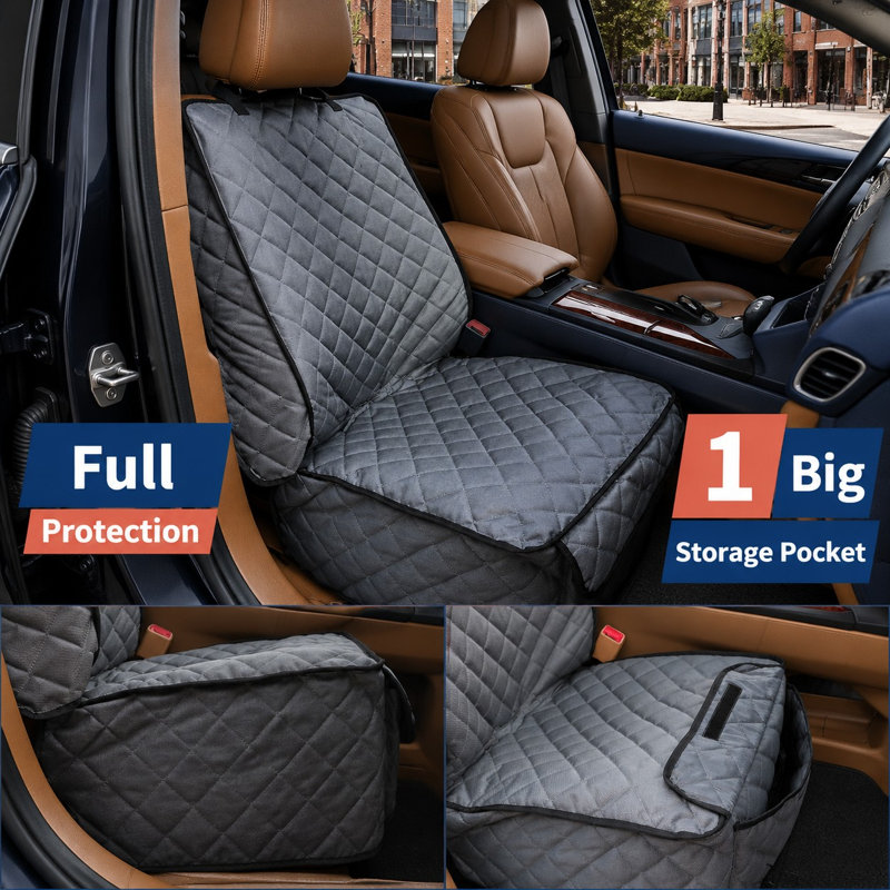 A Grey front-seat dog cover in 1Pack format, offering waterproof full protection, side flaps, a non-slip design, and fit for most cars, trucks, and SUVs.