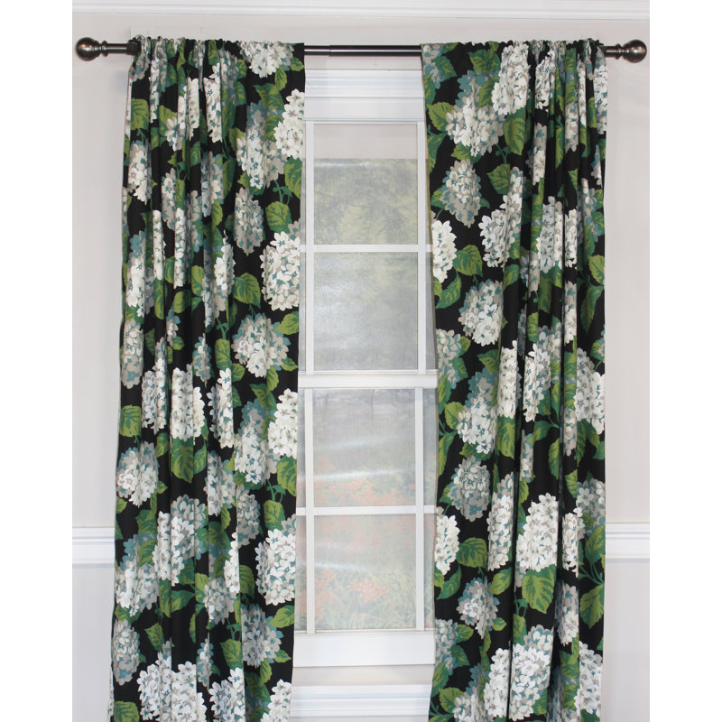 Hydrangea Cotton Blend Room Darkening Curtain Pair, Black, 50" W x 96" L