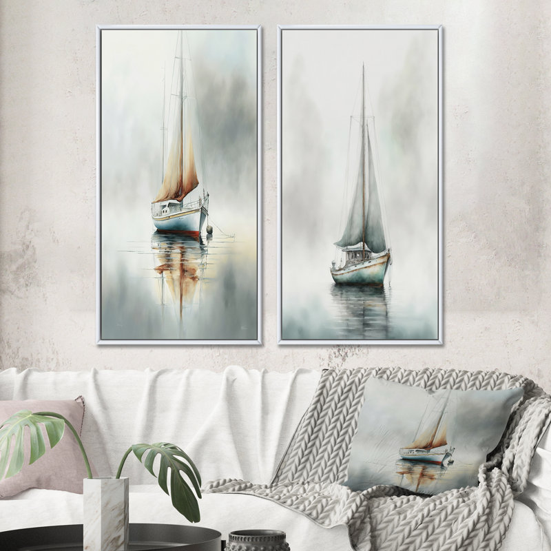 Bateau sur le lac II - ensemble d'art mural bateau côtier de 2 pièces, Cadre blanc, H 40 po x l 40 po