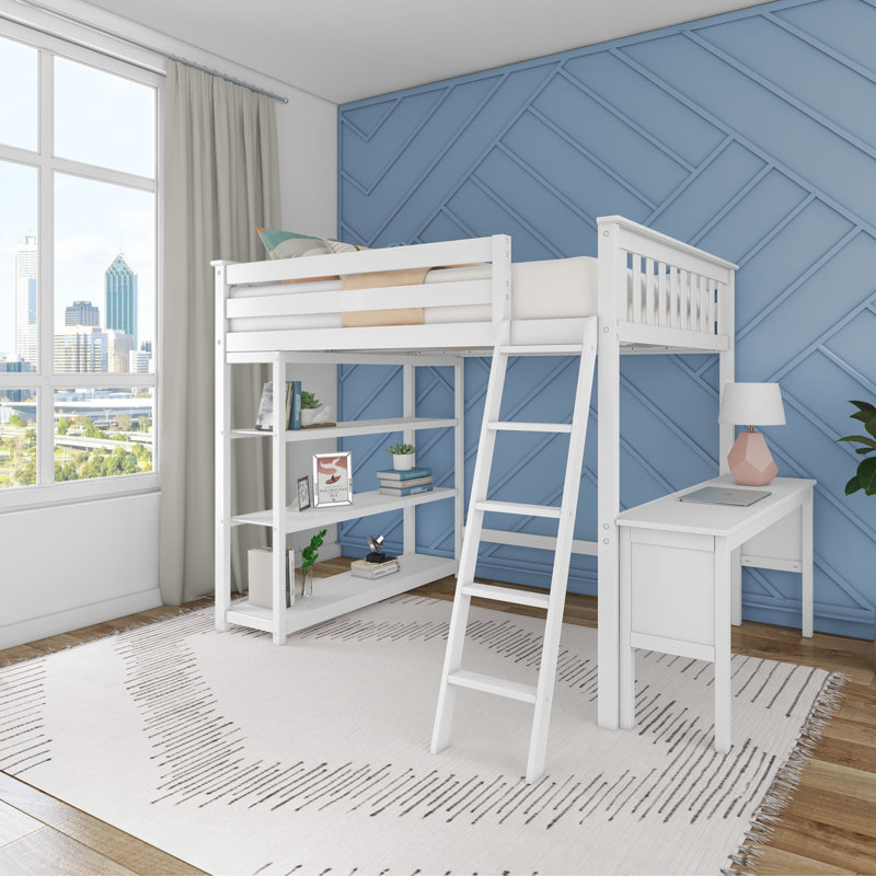 Ermal Full High Loft Bed With Bookcase And Desk, White