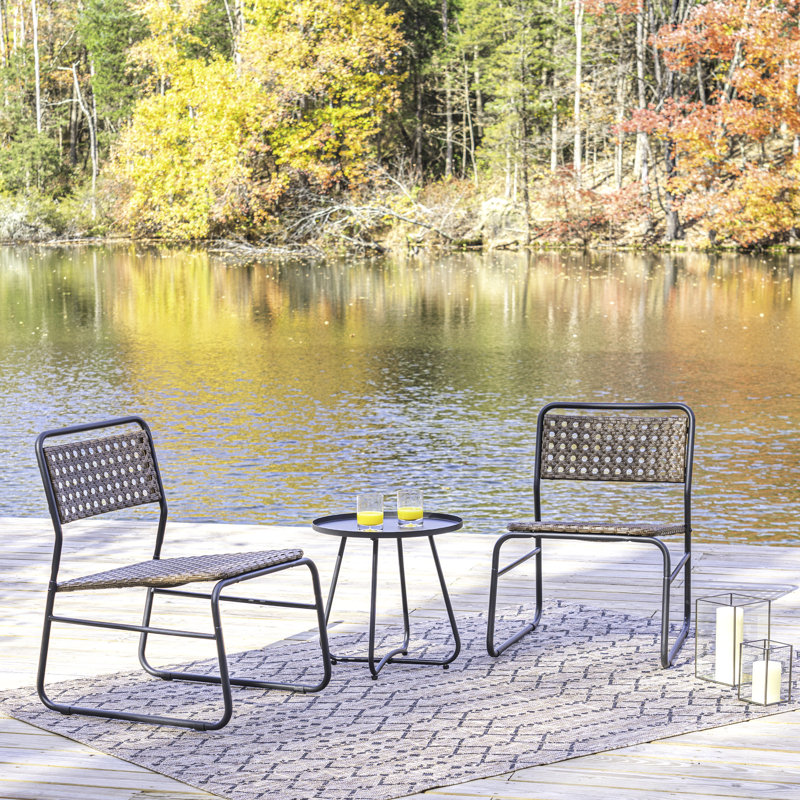 Freja Modern 3-Piece Brown Woven PE Rattan Outdoor Patio Chat Set, Indoor/Outdoor Balcony Bistro Furniture with Black Steel Frame & Table