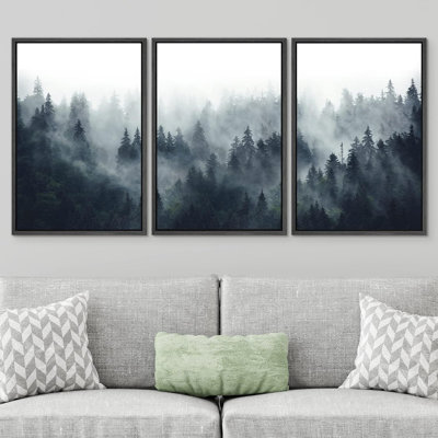 Reproduction d'art sur toile encadrée, ensemble de décor de chambre de bébé boisé, brume, chaîne de montagnes, forêt, forêt, réalisme, décoration, rustique chic pour le salon, la chambre à coucher, le bureau, 3 pièces