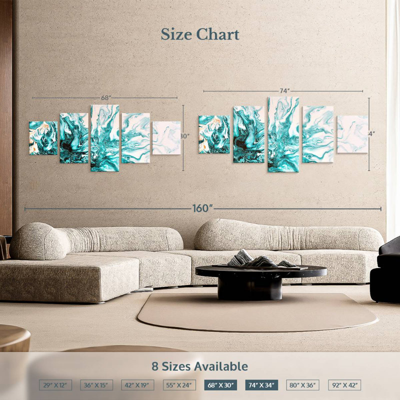 Avery turquoise abstrait dynamique, H 12 po x l 29 po
