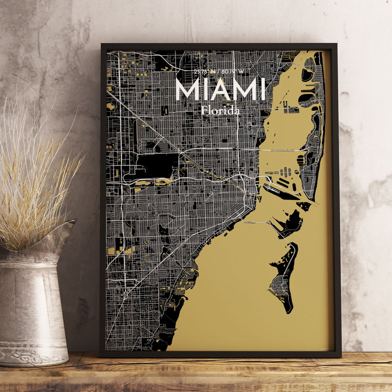 « miami city map », reproduction d’impression sur affiche luxe, H 20 po x l 16 po x P 0,05 po
