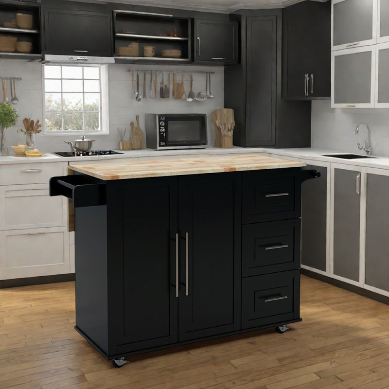 Kitchen Island with Extensible Solid Wood Table Top