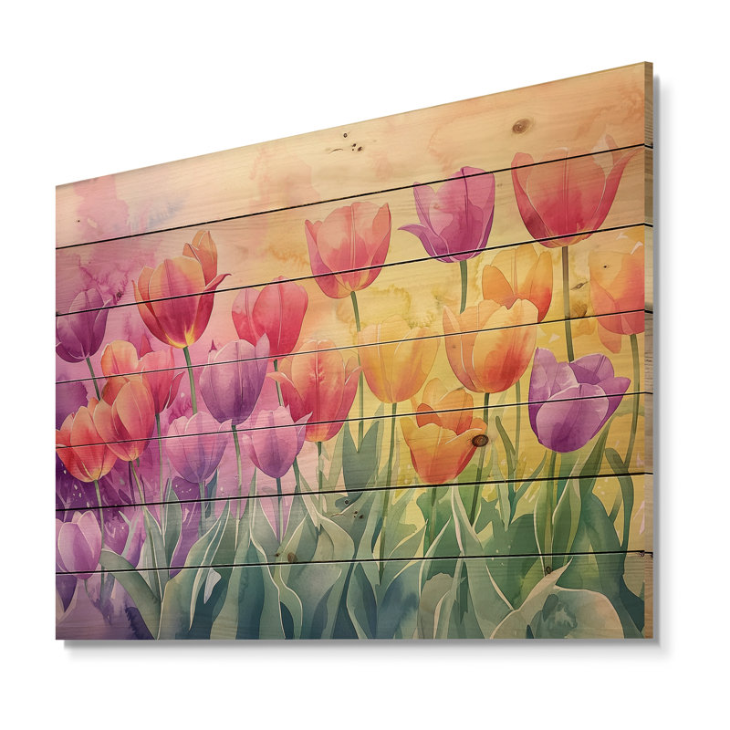 Red And Yellow Vibrant Tulip Meadow II - Traditional Wooden Wall Art On Natural Pine Wood, 10" H x 20" W x 0.78" D