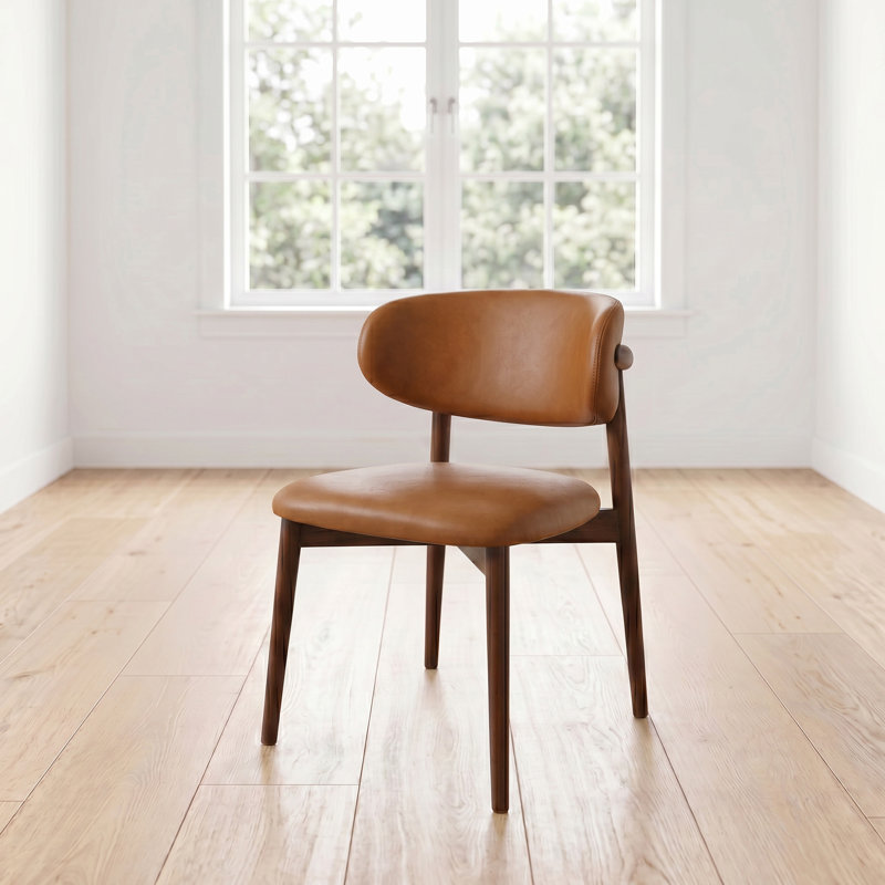 Modern Curved Genuine Italian Leather Dining Chair with Oak Back and Legs