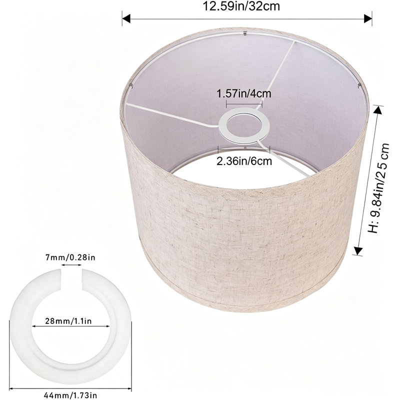 Ensemble de 2 abat-jours cylindriques en lin, abat-jour en tissu neutre pliable de 12,6 pouces avec anneau de fixation, abat-jour tambour classique pour lampes de table, lampes sur pied et appliques murales