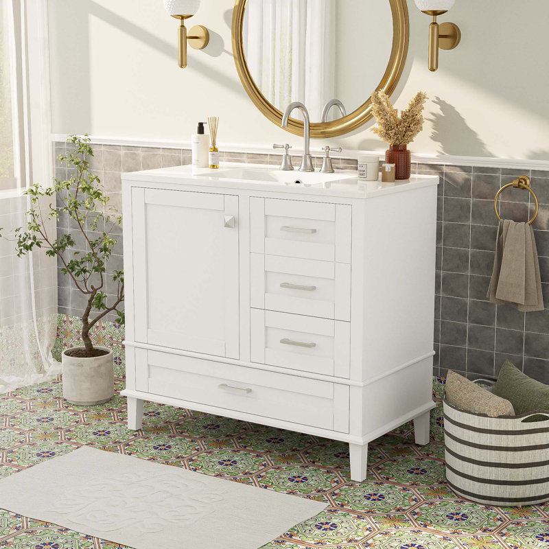 Meuble-lavabo 36 po avec porte à fermeture douce et tiroirs, Blanc, Blanc