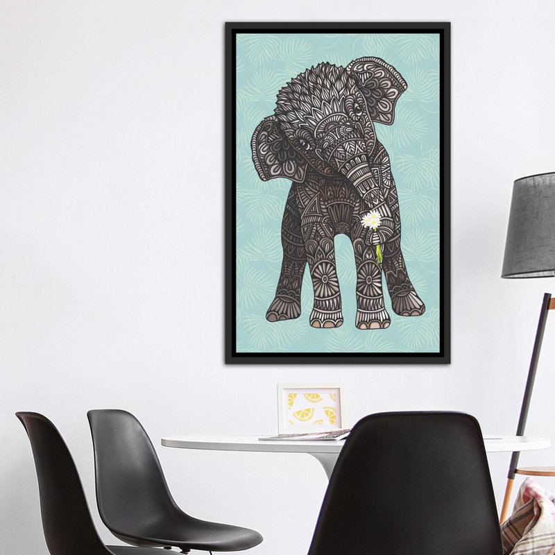 «Baby Elephant - Teal» par Angelika Parker - impression d'art graphique, H 60 po x l 40po x P 1,5 po, Toile avec cadre noir