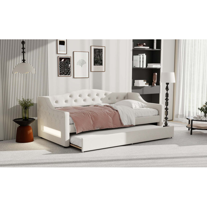 Upholstered Twin XL Size Daybed With LED Belt And Trundle, Beige