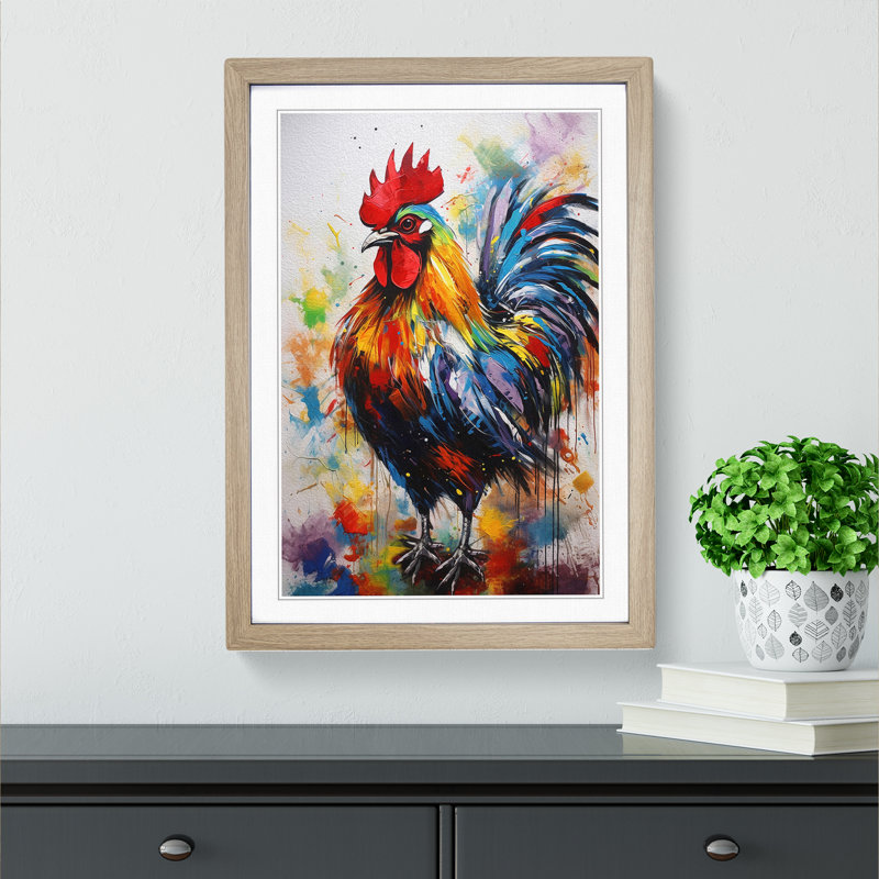 Rooster Gestural No.2 - Single Picture Frame Print on Wood, Oak, 64cm H x 46cm W x 2cm D
