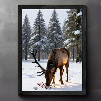 Art mural encadré noir cerf rétro par temps neigeux