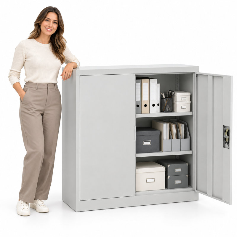 Hilliard Metal Storage Cabinet with Lock, 2 Doors,  1 Shelf Storage Cupboard for Files, Tools, 90cm H x 90cm W x 40cm D