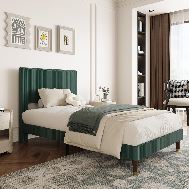 Base de lit plateforme avec tête de lit, cadre de lit rembourré en velours côtelé avec support en lattes de bois, aucun sommier nécessaire