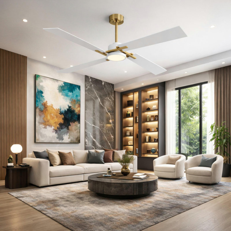 Ventilateur de plafond à 4 pales avec lumière DEL et télécommande Kyliegh, Doré, Noir, 56 po de largeur