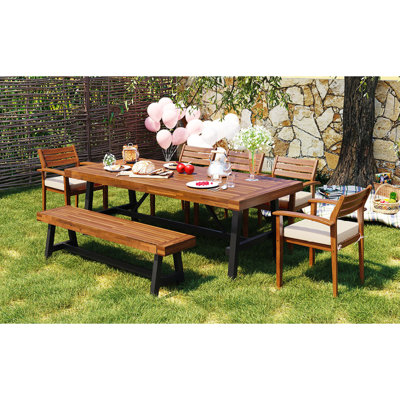 Outdoor Wood Dining Set For 7-8 Person, Outdoor Dining Furniture With Removable Cushions, Ergonomic Chairs And Bench, Thicker Table