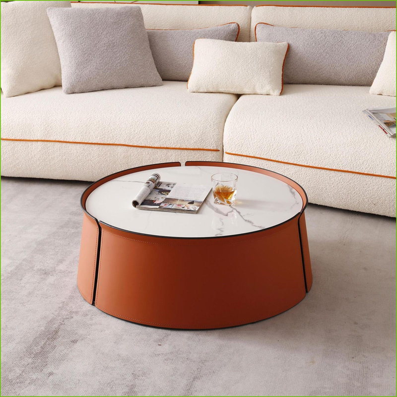 Table basse 31,5 po avec plateau en marbre blanc et cuir orange Structure en fer, sans assemblage pour le salon / bureau