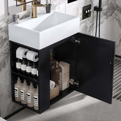 Meuble-lavabo de 20 po avec lavabo en céramique, porte à motif de losanges, poignée dorée et tablettes de rangement latérales