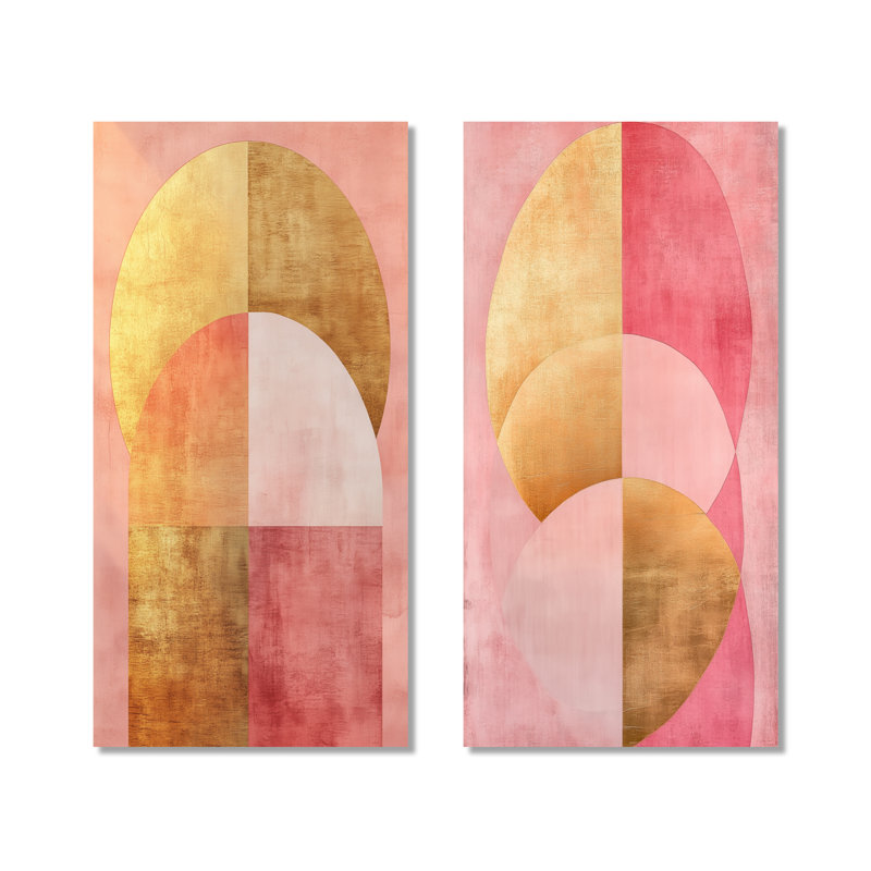 «Contemporary Flow - Pink & Gold Arcs IV», ensemble de 2 reproductions d'art géométriques murales en métal, 32" H x 32" W