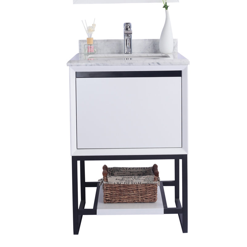 Ensemble de meuble-lavabo de salle de bain simple monté à deux pouces 24 po Riey, Marbre de Carrare blanc, Blanc