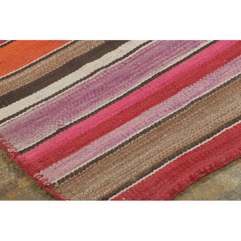 Vintage Frazada Square Kilim In Vibrant Polychrome Striped Pattern - Rug & Kilim