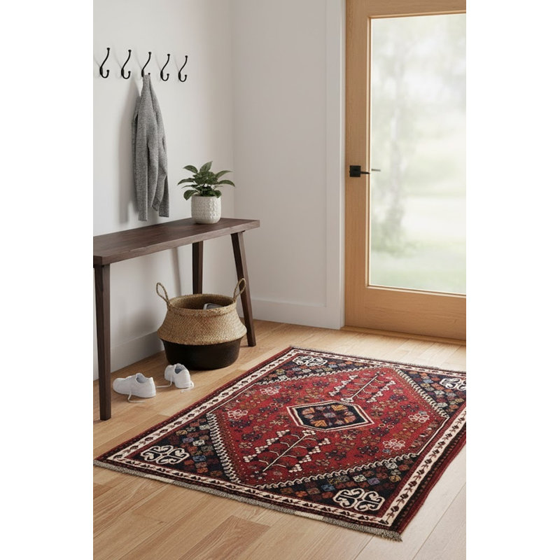 Tapis unique en laine noué à la main style Shiraz des années 2010 de 3 pi 6 po x 4 pi 11 po rouge