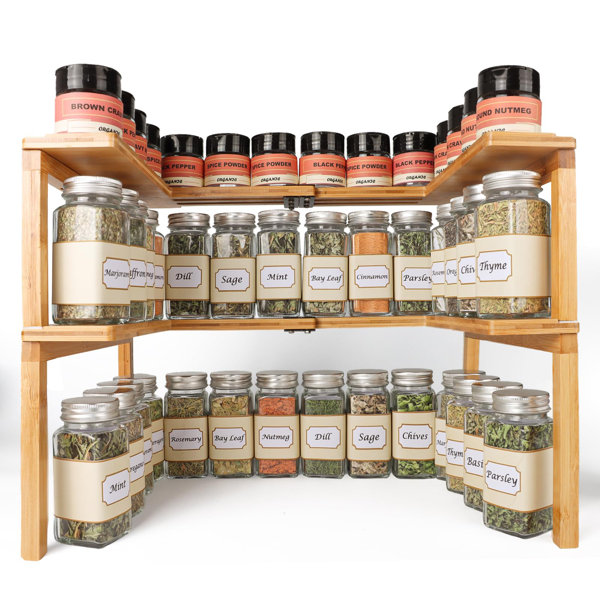 Adjustable Bamboo Spice Rack With 2 Tier Standing Shelf And Under