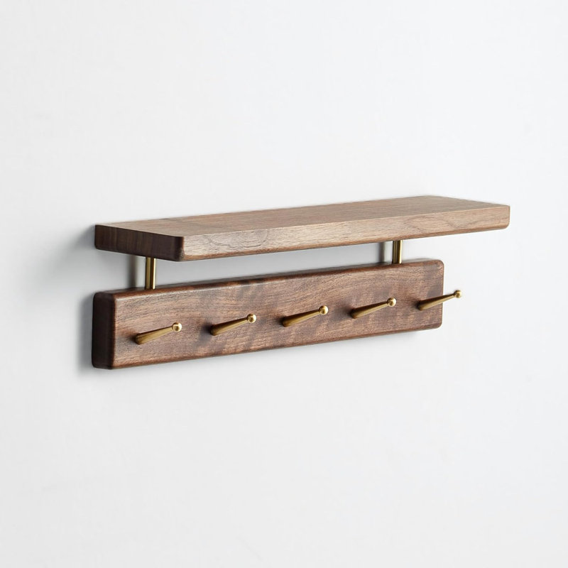 Solid Wood Wall Shelf With Brass Hooks - Handmade Coat Rack For Entryway, Living Room, Bathroom, Bedroom, Kitchen - Stylish Storage Solution With 6 Hooks