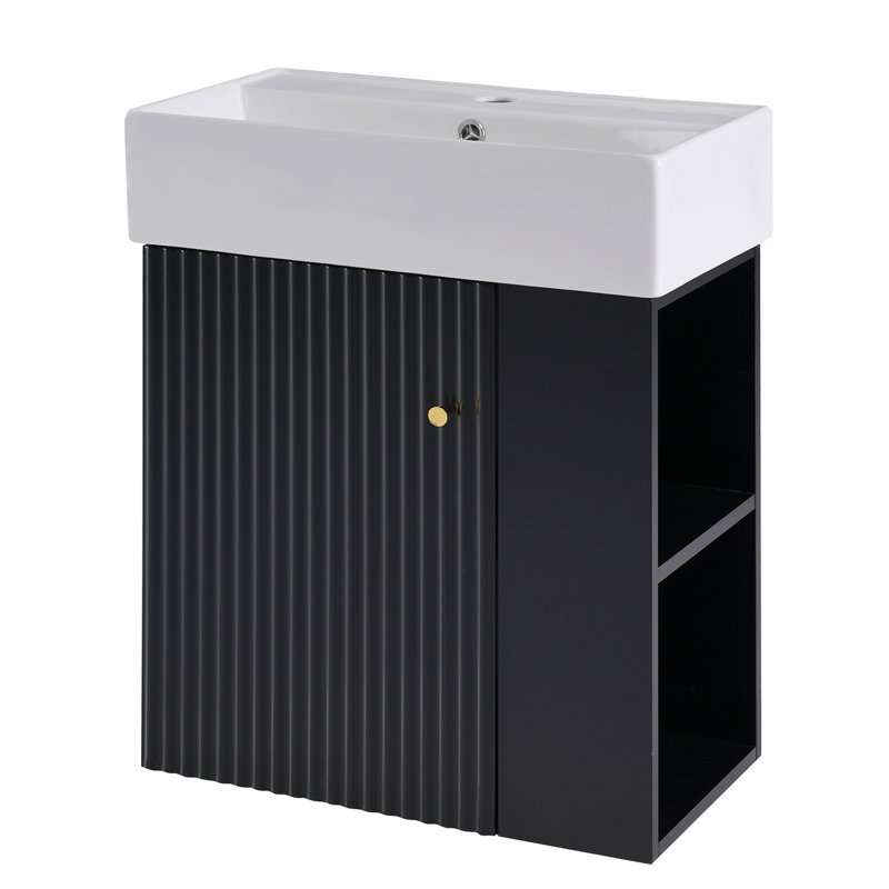 Meuble-lavabo flottant avec lavabo en céramique, Noir, noir, noir, noir
