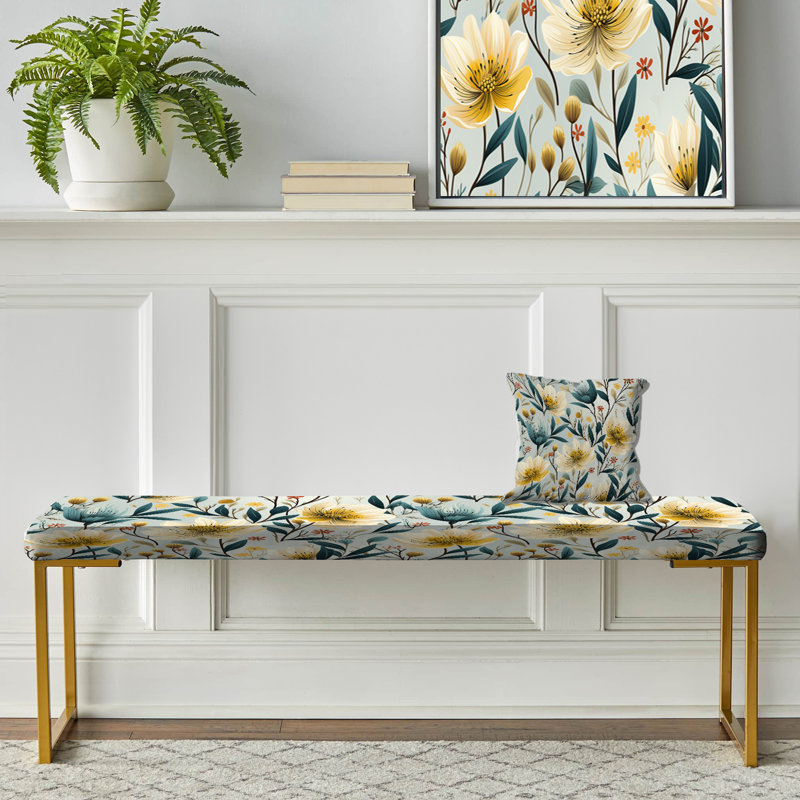Floral Upholstered Gold Bench, Ethereal Botanicals Peonies 