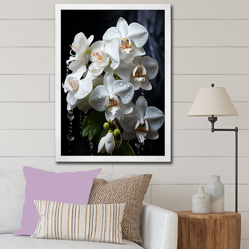 Pétales d'orchidées blanches élégantes sur toile, H 32 po x l 24 po x P 1 po, Cadre simple blanc