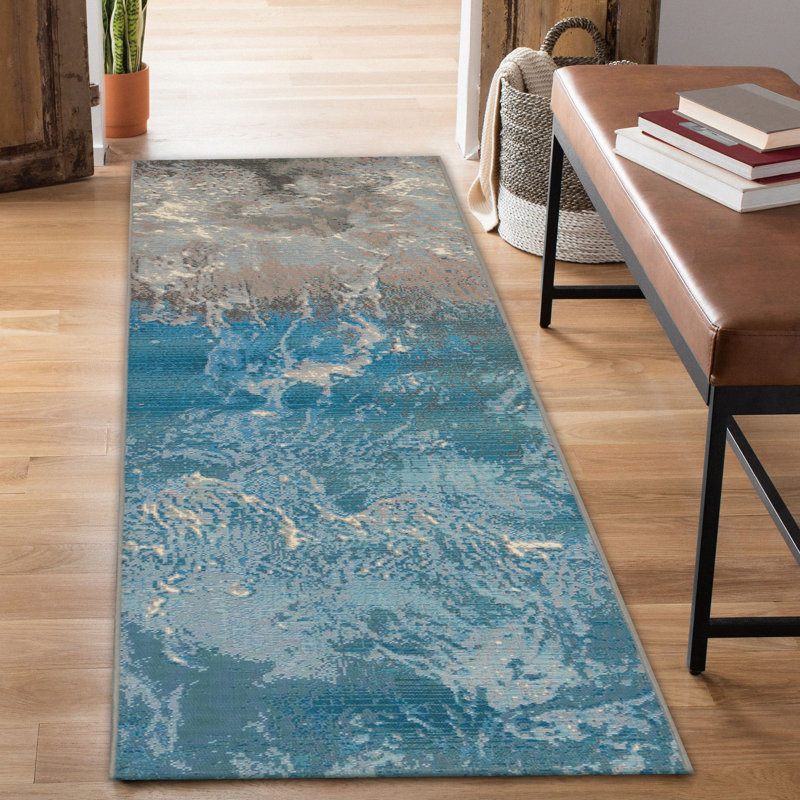 Tapis intérieur / extérieur en polypropylène abstrait océanique, Tapis de couloir : 1 pi 11 po x 7 pi 6 po