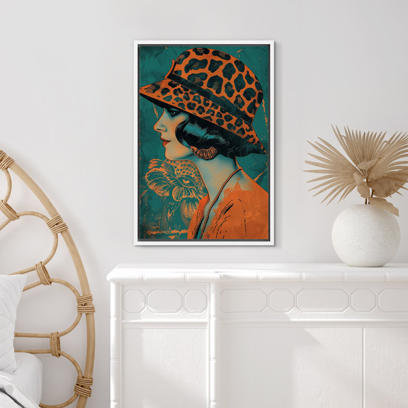 Élégance léopard orange, chapeau, dame, mode, BCBG, décoration de chambre, impression sur toile encadrée, Cadre blanc