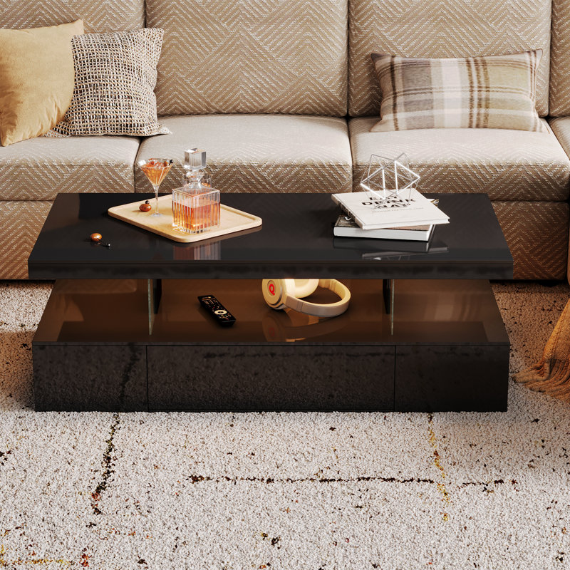 Wrought Studio™ High Glossy LED Coffee Table With Drawer, Black