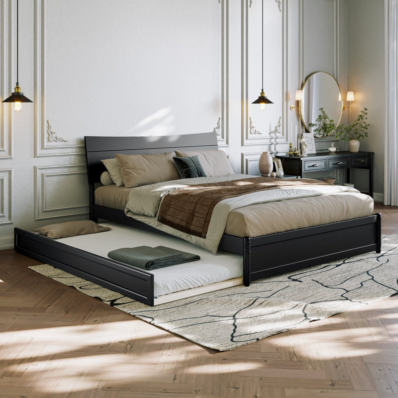 Harlowe Wood Platform Bed with Trundle, Queen, Black