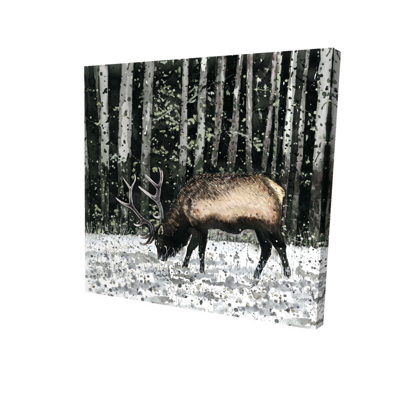 Caribou dans la forêt - Toile rustique verte, Brun; Vert
