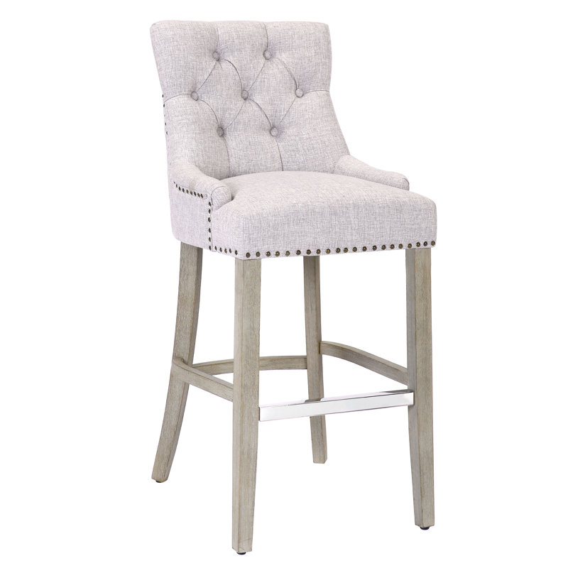 Linen Fabric Tufted Upholstered Counter Stool, Light Gray Linen/Black Frame, Bar Stool (29” Seat Height)