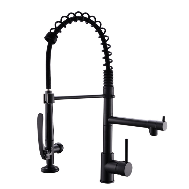 Robinet de cuisine rétractable noir et nickel - poignée simple, alimentation en eau froide chaude, teinture, nickel commercial moderne, eau chaude, évier robuste