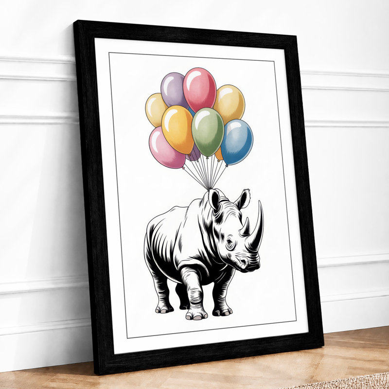 Rhinoceros with Balloons Whimsical - Framed Print, A2 - 59.4 x 42.0 cm, Black