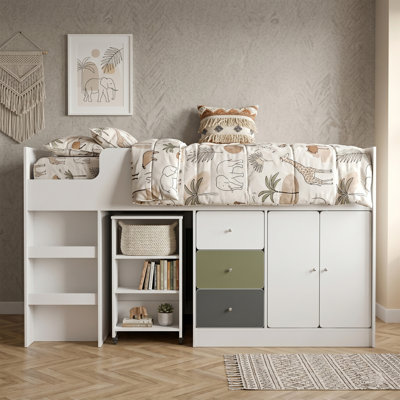 Liston Mid Sleeper Bed with Ladder and Storage with Custom Green and Pink Panel Design