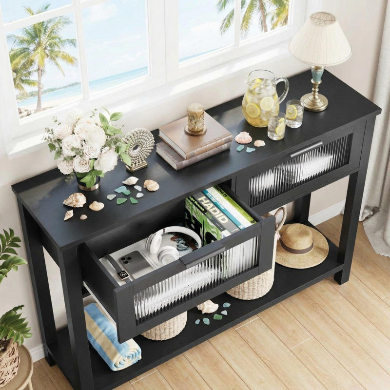 43" Modern Farmhouse Console Table with 2 Glass-Front Drawers - 2-Tier Slim Sofa Table, MDF Top & Solidified Wood Legs, Open Storage Shelf - Hallway, Living Room, Apartment.
