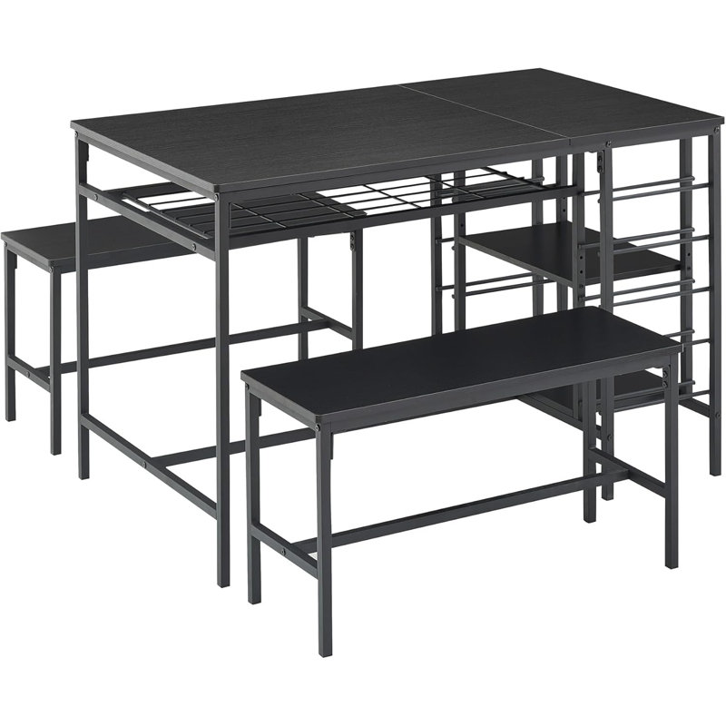 Ensemble de table de salle à manger 3 pièces rectangulaire avec support à vin, comprenant 2 bancs pour 4, idéal pour les petits espaces, les appartements et les dîners