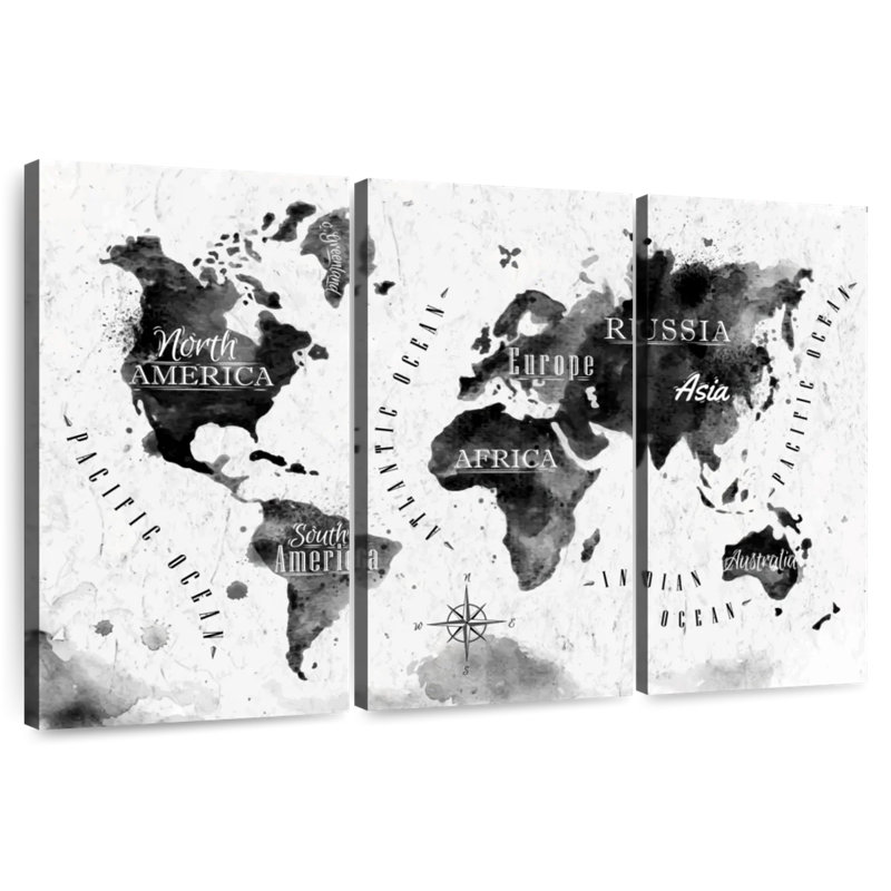 Carte du monde à l'encre noire d'Aliaz, H 24 po x l 38 po