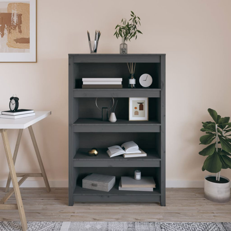 Inkster 125.5cm H Solid Wood Standard Bookcase, 126cm H x 80cm W x 35cm D, Grey