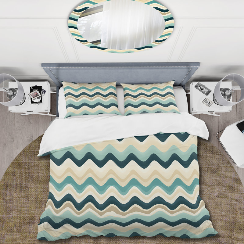 Literie à chevrons beige et bleu, Housse de couette simple + 1 taie décorative stan
