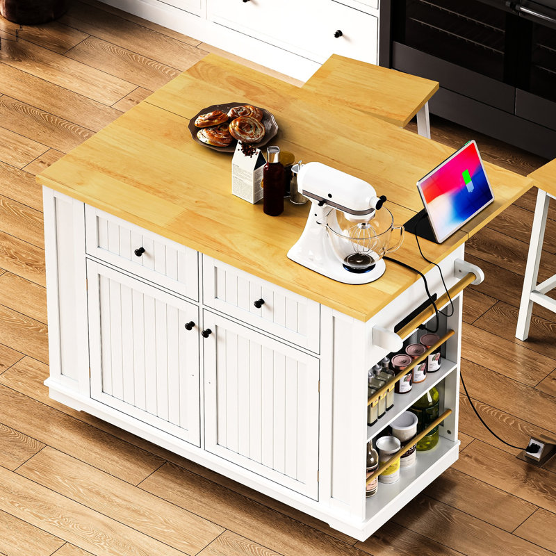 Chariot pour îlot de cuisine 48 pouces avec rallonge, prise de courant, rangement interne, 5 roulettes, 2 tiroirs, tablettes réglables, alimentation de style blanc, rouler pour la zone