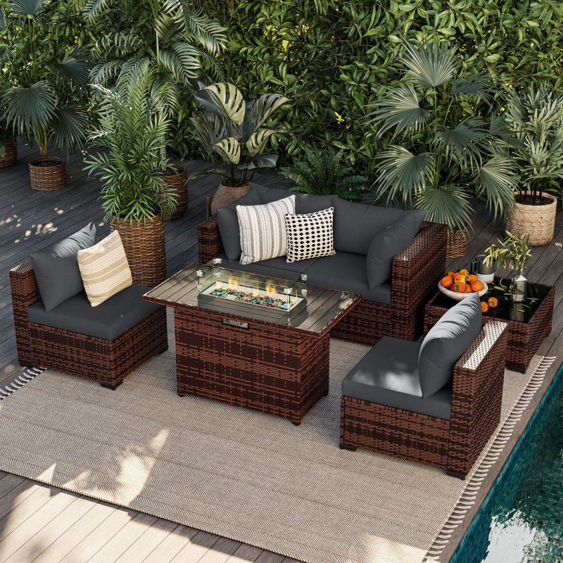 4 - Person Outdoor Wicker Patio Conversation Furniture Set With Fire Pit Table, Gray