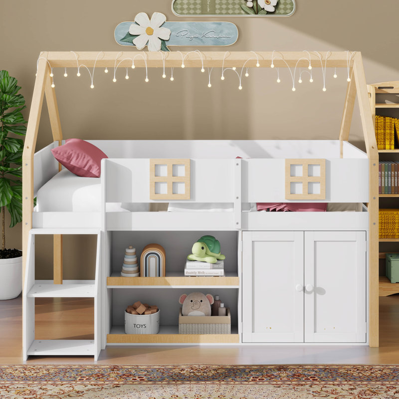 Twin-Size Low Loft Bed With LED Lights, Loft Bed With Safety Guardrail, Wooden Bed Frame With Step Staircase, Shelving, Cabinets