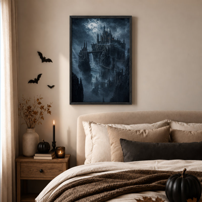Impression sur toile, "Dark gothic Castle on Rocky Cliff Under Full Halloween", 48"H x 32"W